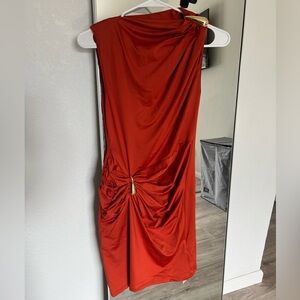 Elegant orange Sleeveless Dress with Gold Accent